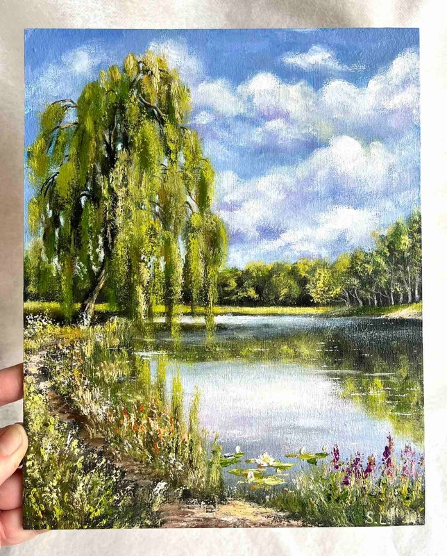 Summer Lake Oil Painting Landscape Forest Wildflowers Small Wall Art 8 x 10 in