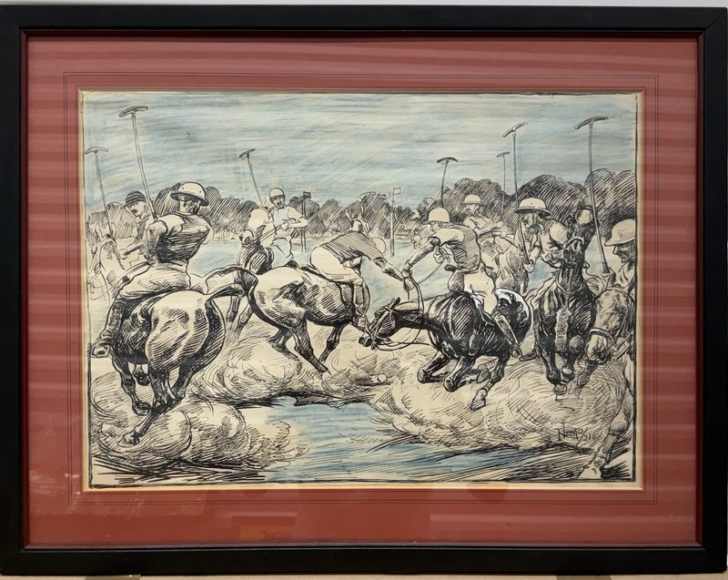 Original 1921 Polo Match Signed NEMO/21. Pen, Ink & Gouache On Paper