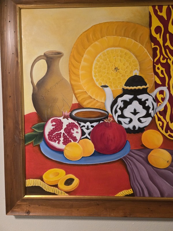 Still Life Asia Fruits Tea Oil Painting 43"×43" Wood Framed Original Signed gallery