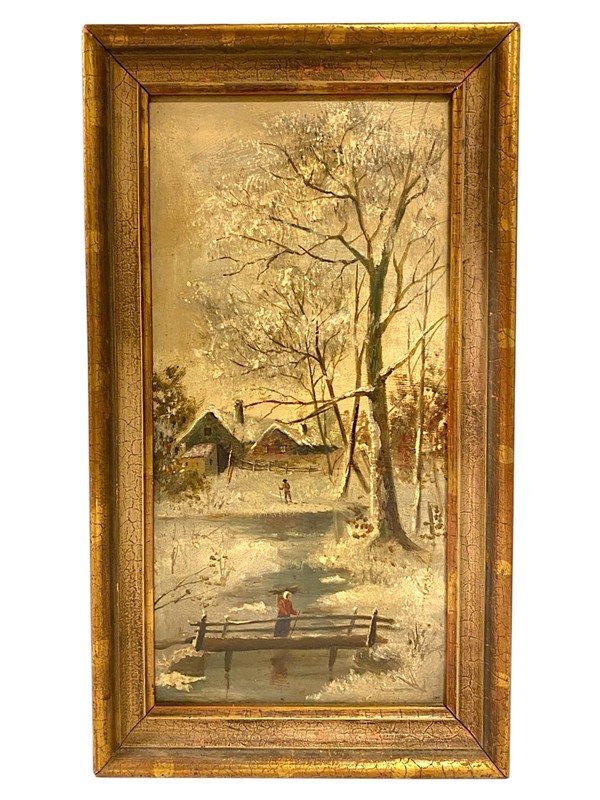 Antique Oil Painting Winter Landscape Village River Rustic European New England