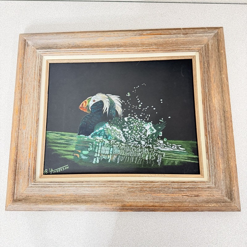 OOAK Painting Puffin Seabird Art Coastal Bird Framed Signed Anderson 1988 VTG