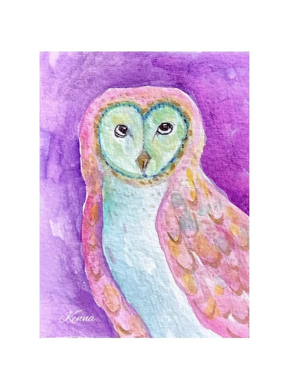 Aceo By Kenna Painting Barn owl 2.5” X 3.5” Signed Original
