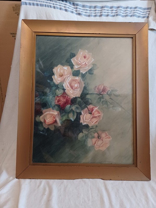 PRETTY ANTIQUE VICTORIAN PINK RED ROSES FLORAL WATERCOLOR LARGE PAINTING gallery