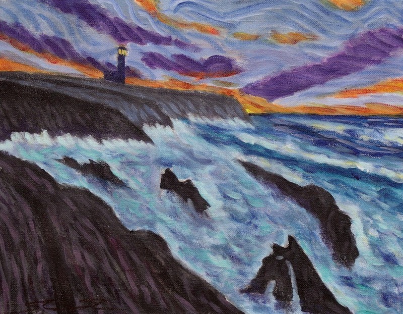 ShawNshawN Original painting – 11×14 Lighthouse at sea seascape sunset art