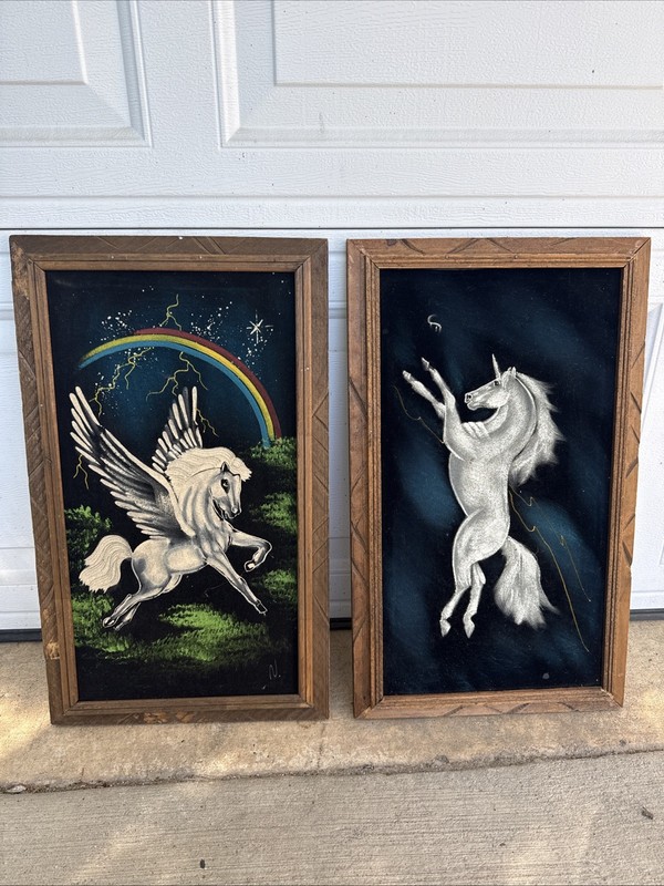 Vintage 80’s Velvet Painting Lot 2 Unicorn’s 1 Horse 14 x 23 Wooden Frame READ‼️