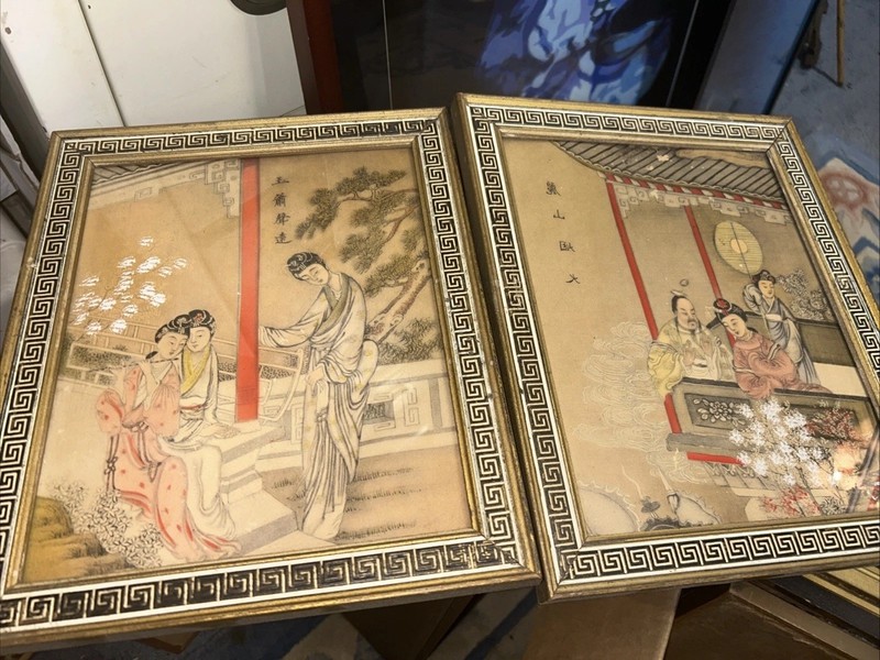 ART – 2x Antique Original Signed Asian Watercolor Paintings 12×10 Framed Eastern