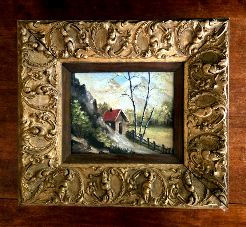 Vintage Landscape Oil Painting in Ornate Gold Frame: 17-1/2″ w 15-3/4 «h-overall