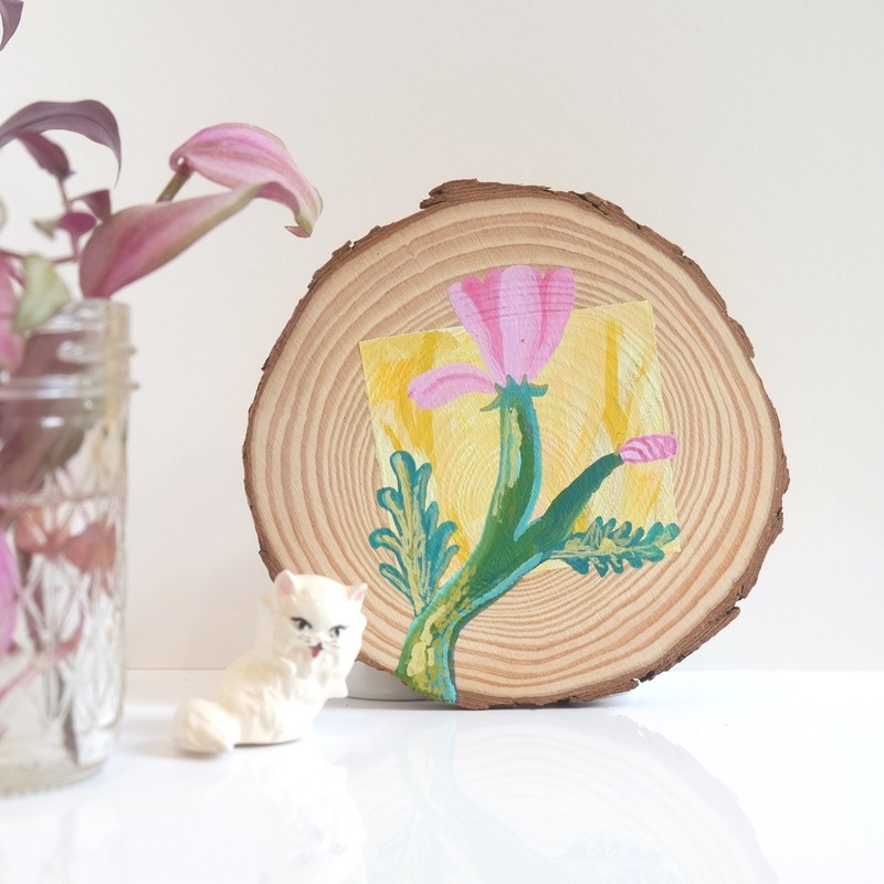 OOAK Original Acrylic Painting Wildflowers Wood Slice Solid Panel Pale Pink Bud gallery