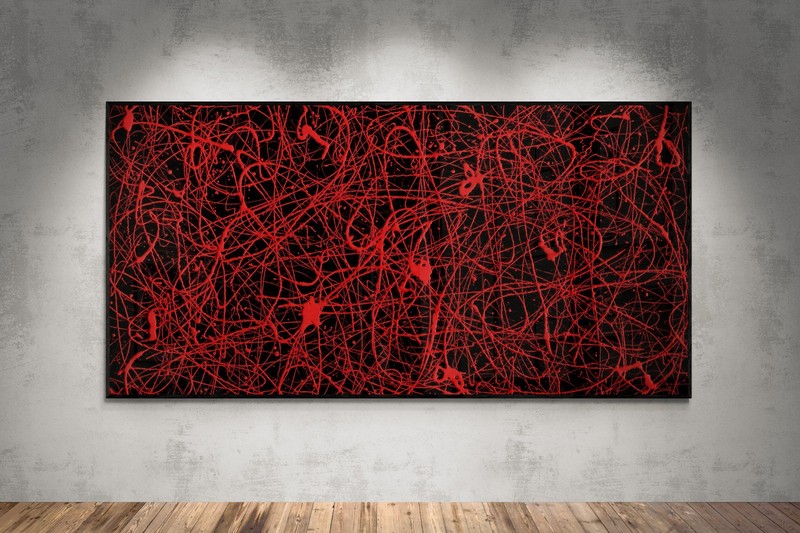 XXL Jackson Pollock Style Red & Black Abstract Painting 59×30 in Original