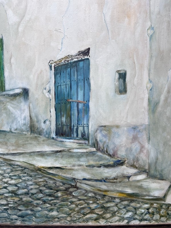 Mid Century 50s 60s Jack Paul Maroon Oil Painting Blue Door Street Spain Realism gallery