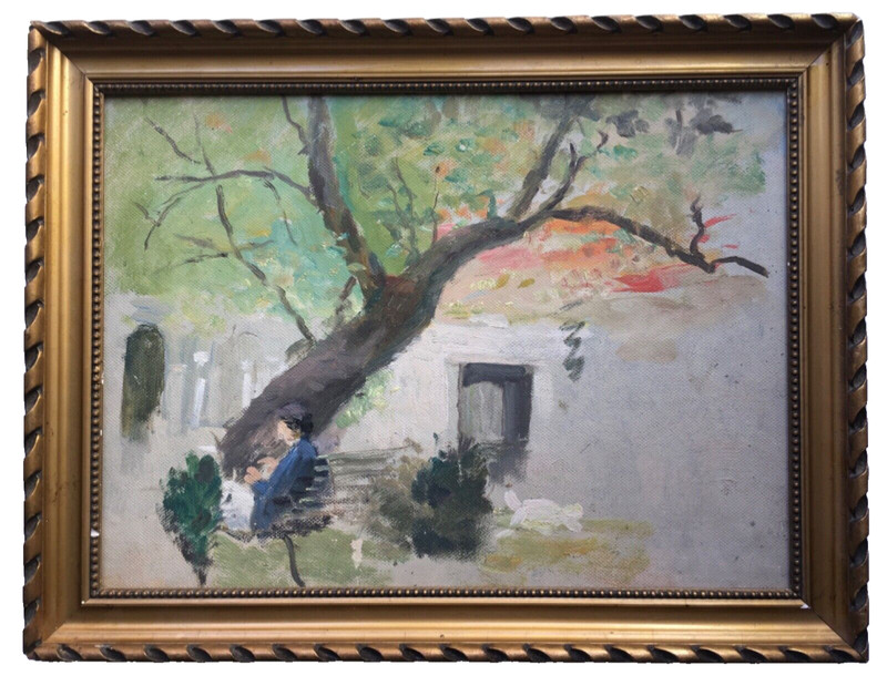 Early 20thC – Impressionism Oil Painting – Woman sitting Bench Tree