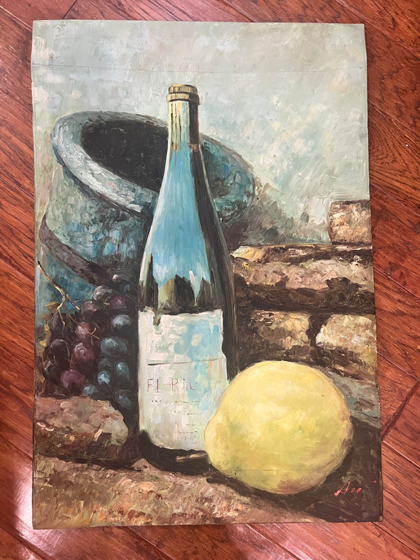 Original Painting on Canvas Still Life Lemon Wine 24 x 36 Lovely Colors!
