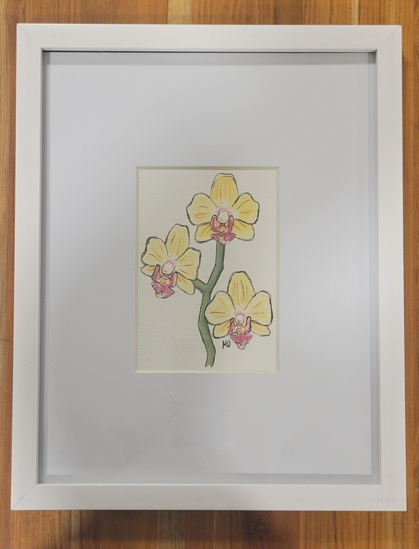 Yellow Orchid Flower Art With Frame, Gouache And Ink On Paper