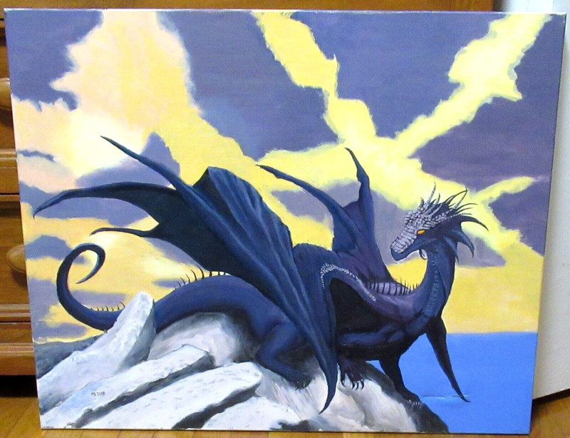 MEDINA FIRE DRAGON ON A ROCK LARGE ORIGIANL OIL ON CANVAS SEASCAPE PAINTING