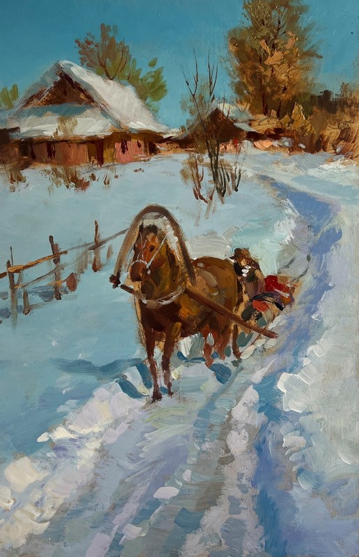 Oil Painting Riding A Horse In The Snow Y. Suprunchuk Original nAAA4459