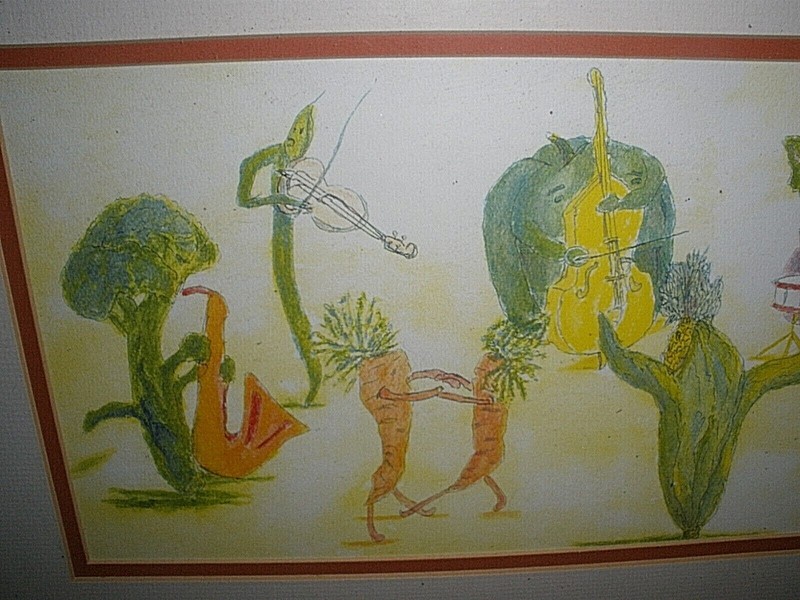 Pencil Painted Musical Vegetables Band Picture Framed 11" x 21" Signed May (GS5) gallery