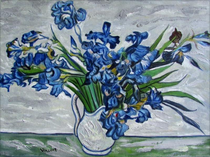 Vincent Van Gogh Vase w/Irises Repro, Quality Hand Painted Oil Painting 12x16in