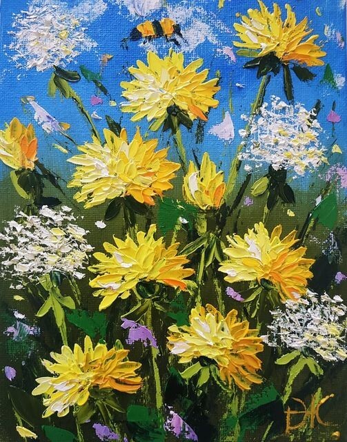 Dandelions Oil Painting Wildflowers Impasto Original art Unframed 8x6 inches gallery