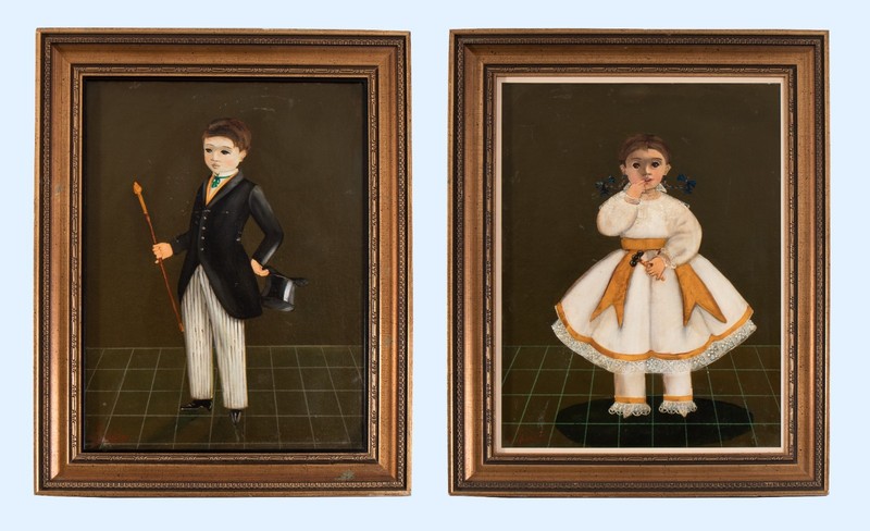 Pair of Agapito Labios Mexican Oil Paintings on board Signed Folk Art Portrait