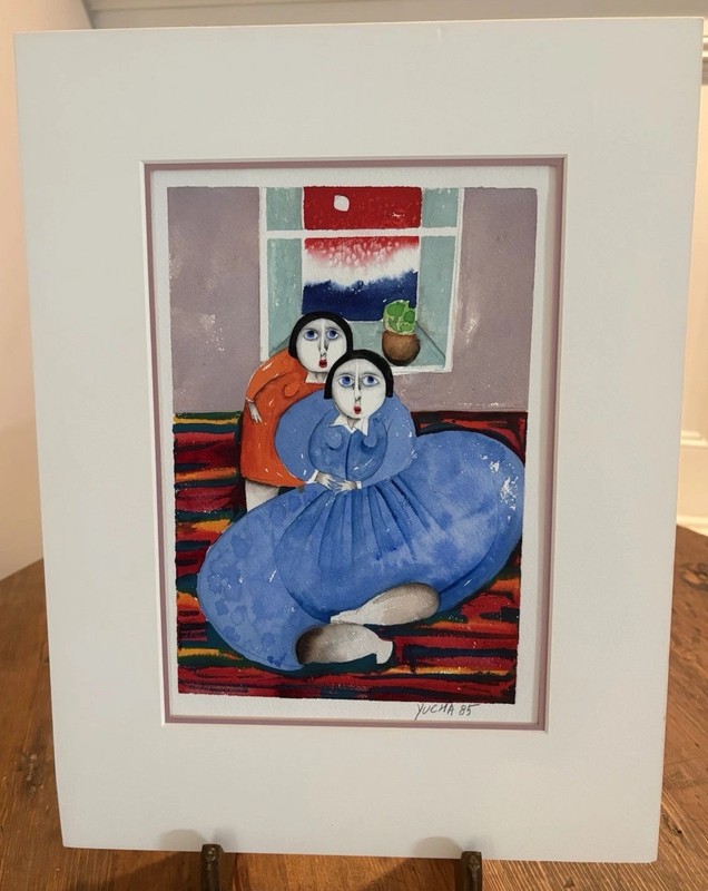 Yu Cha Pak Original Watercolor 1985 Two Women Seated Korean Houston Artist