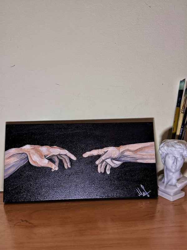 Hand-painted artwork, signed, realistic hands, symbolic gesture, modern oil pain gallery