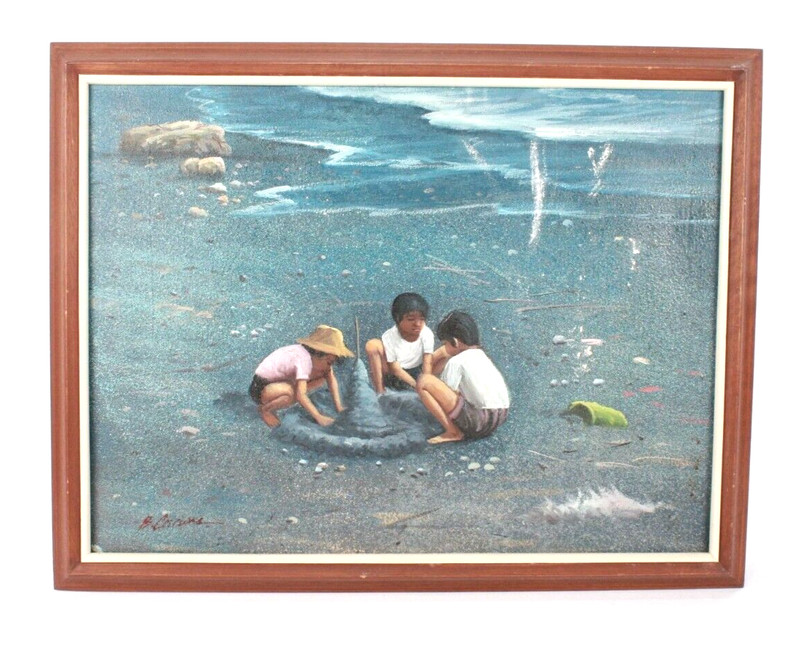 Vintage Children Playing On The Beach Oil Painting On Canvas Signed Illegible gallery