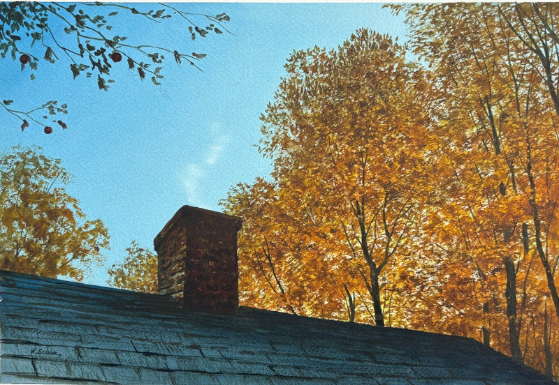 Autumn Trees over a Rooftop 18 3/8 x 12 5/8 W/C Painting-William Senior gallery