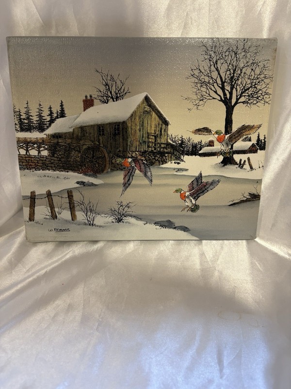 Vintage Barn Winter Scene Birds oil painting canvas wood framed signed W. Adams