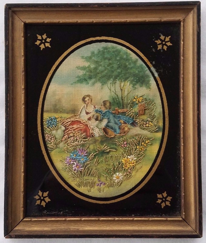 Antique Silk Embroidered W/C Painting Courting Couple w/ Reverse Painted Glass