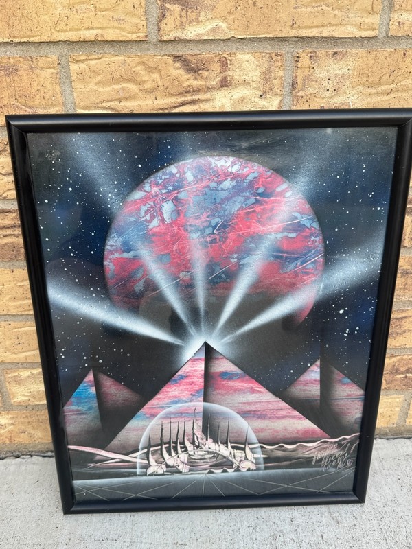 Original Spray Paint Art Painting Signed Pyramids Space like Planet Framed 16×20