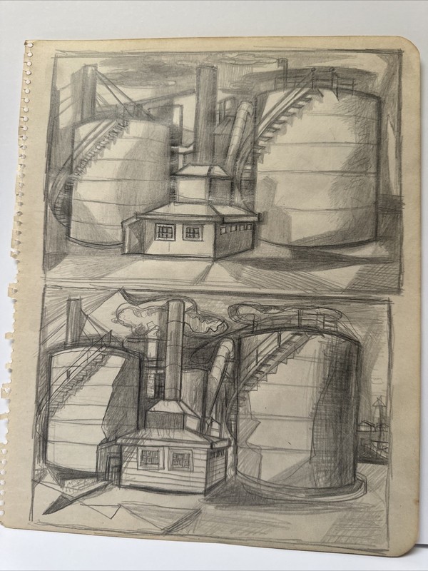 Mid Century Painting Study Drawing Cubist Industrial Factory Jo Cain Famous Rare