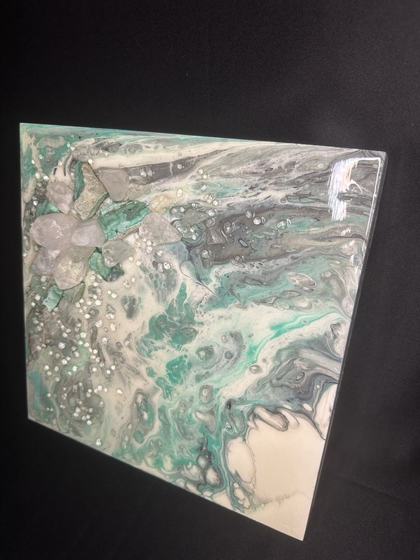 Quartz Crystals and Malachite Clusters Abstract Resin Painting Canvas 12x12 gallery