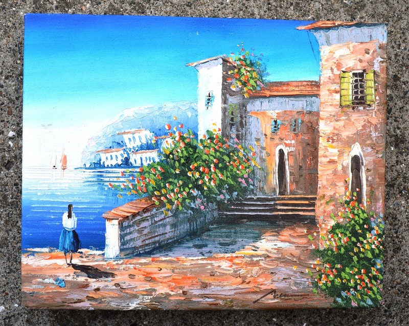 MEDITERRANEAN LADY WITH VILLA HOUSE VIEW HAND PAINTED 10″ OIL PAINTING GIFT S154