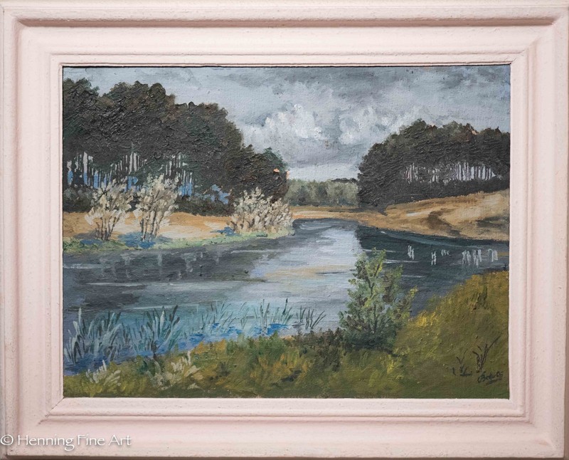 Beautiful Mid Century European Oil Painting, Cool Blue Lake, Signed «Bekurts»