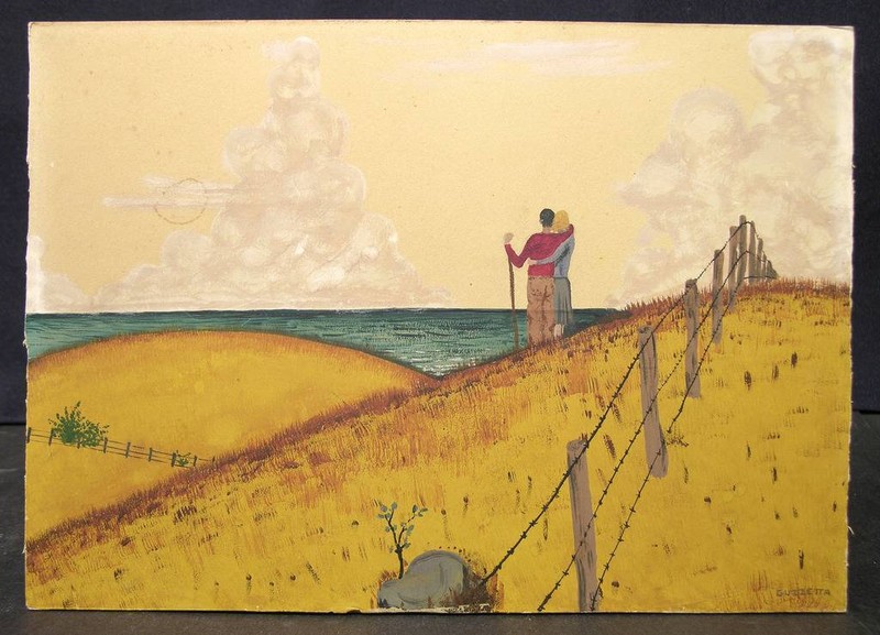 Mid to late 20th C Primitive Landscape Signed Guzzetta, Hillside, Water, Fences