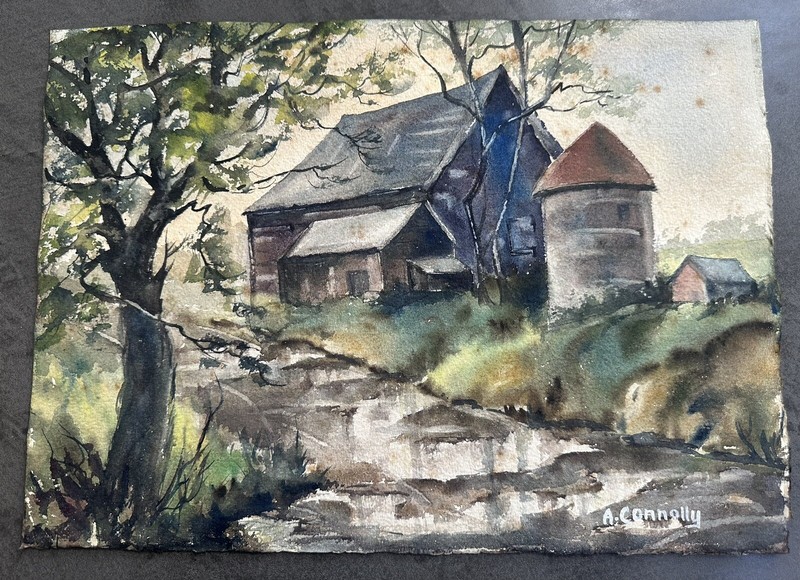 1961 Antique Watercolor Farmhouse River painting by A. Connolly Signed, Vintage