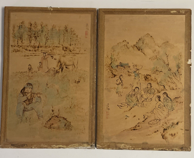 Antique 1900’s 2 Chinese Painting of Family Life Stamp signed 17.5″X11.7″ Ea
