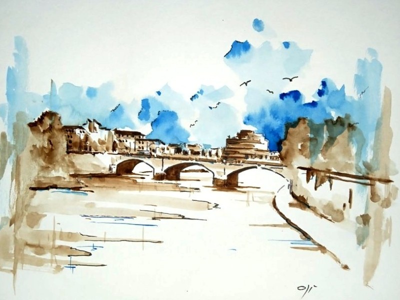 Watercolor Art hand painted signed Roma art on cardboard 20x30cm