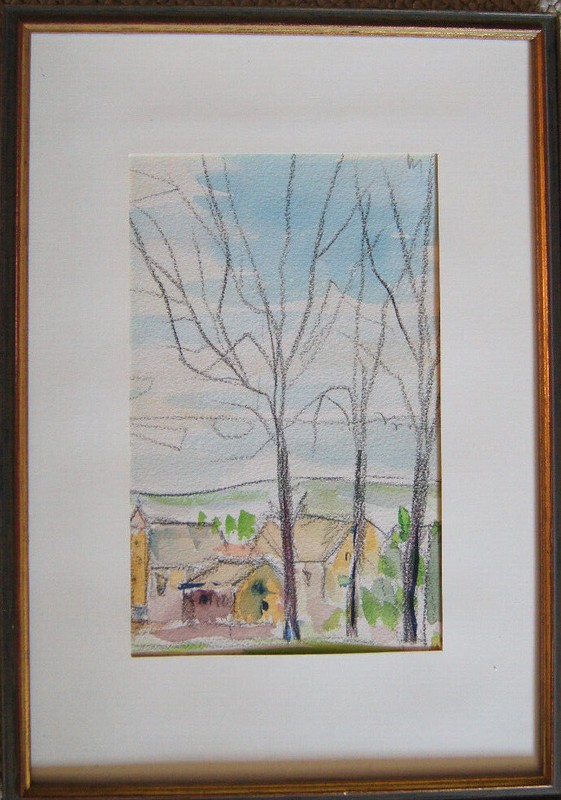 Aquarell Mischtechnik Sommertag Am Dorfrand Mit Bunten Häusern Und Bäumen