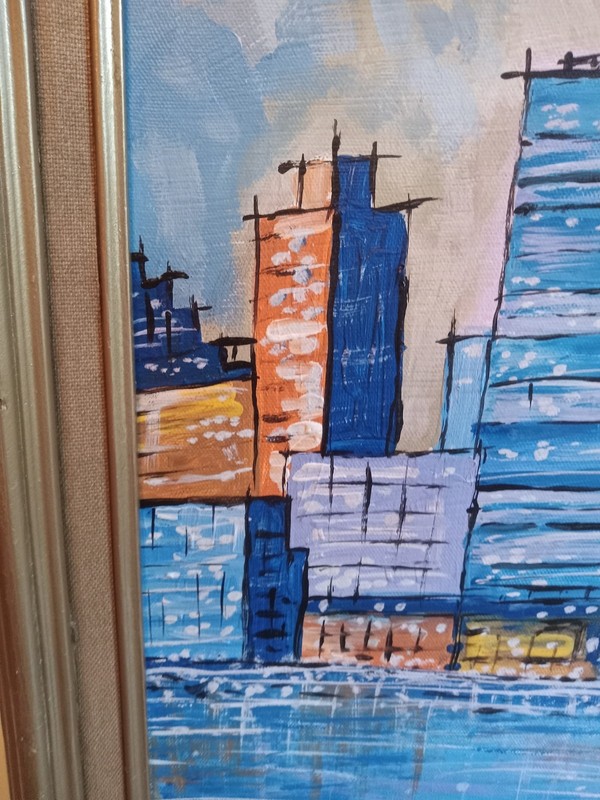 Vintg Oil On Canvas Abstract Expressionist NYC Cityscape Seaport Signed AVZ '70 gallery