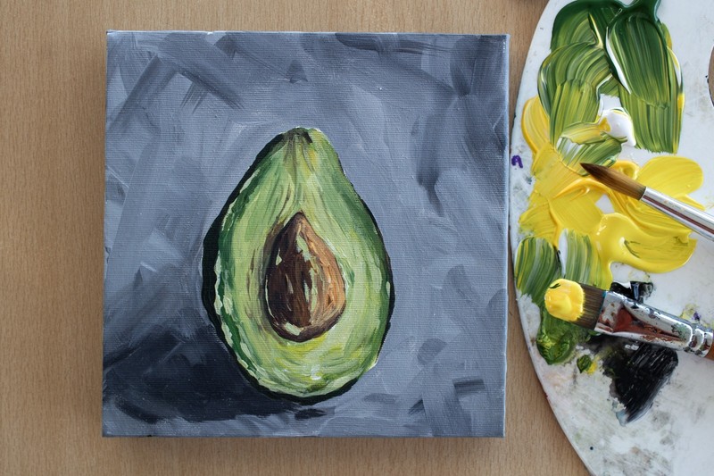 Handmade Avocado Painting On Canvas, Original Small Still Life Kitchen Wall Art