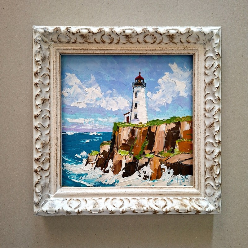 Lighthouse Impasto Original Oil Painting: 3D Textured Art, Unframed 6×6″