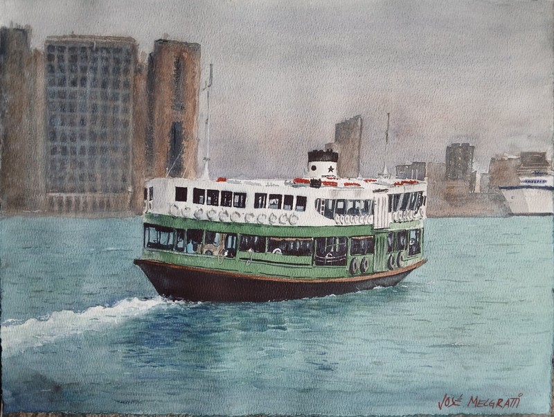 Original Painting in Watercolor «Hong Kong Ferry » 16″x 12″