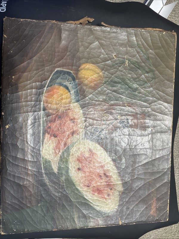 19thC Antique American Folk Art Oil Painting Still Life Watermelon Peaches 17×20