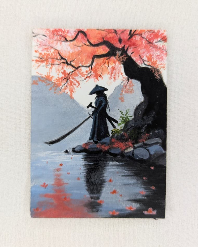 Original ACEO Painting OOAK Samurai Warrior Autumn Tree Lake Landscape Miniature