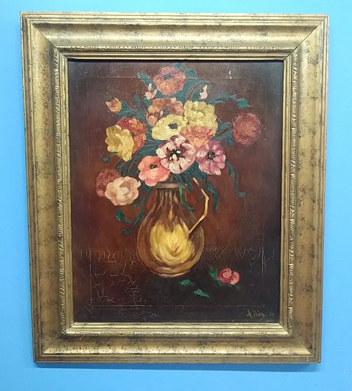 Oil/Canvas Impressionist Still life Vase w/Flowers NY artist Ann Diaz 1967 s-3K