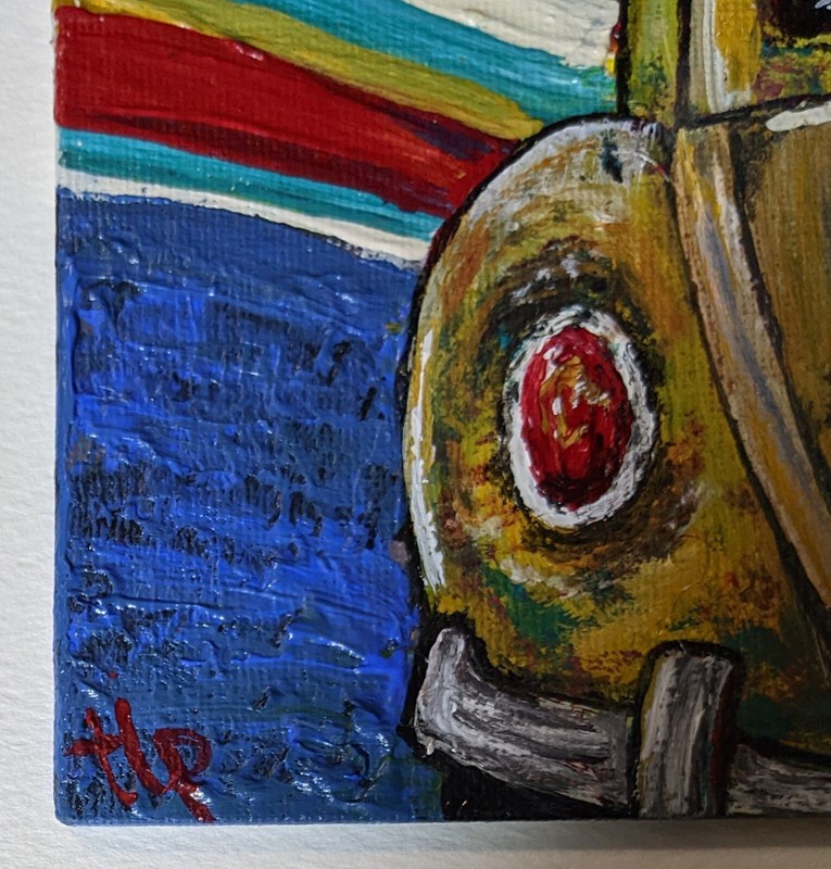 ORIGINAL PAINTING on Canvas 4" x 6" Vintage Volkswagen Beetle Bug Yellow gallery