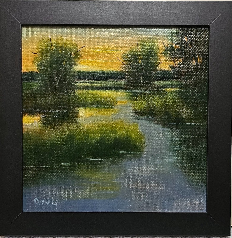 Sunset on the Marsh, original oil painting, framed, 8″x8″.