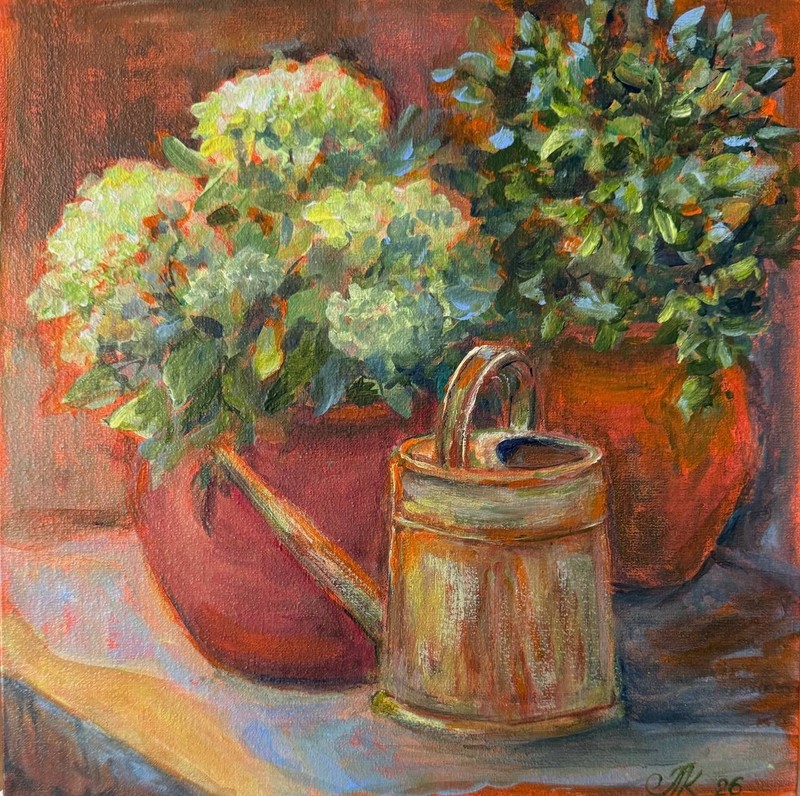 art 803 original acrylic painting 10×10 in / 25×25 cm Orange Still Life Flowers