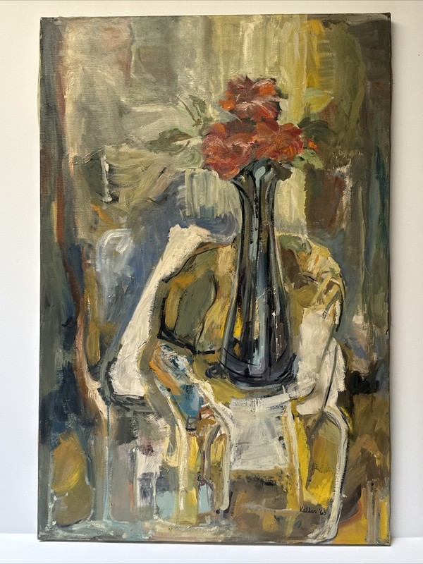 MID CENTURY PAINTING ABSTRACT STILL LIFE MODERNIST LARGE OIL CHARLES KELLER OIL